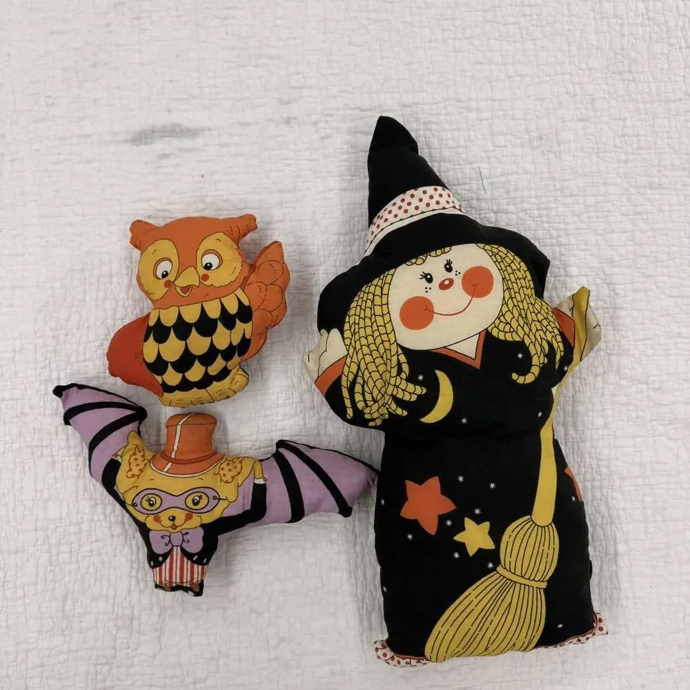 1960s/70s Vintage Homemade Craft Witch, Bat, And Owl Plush Halloween